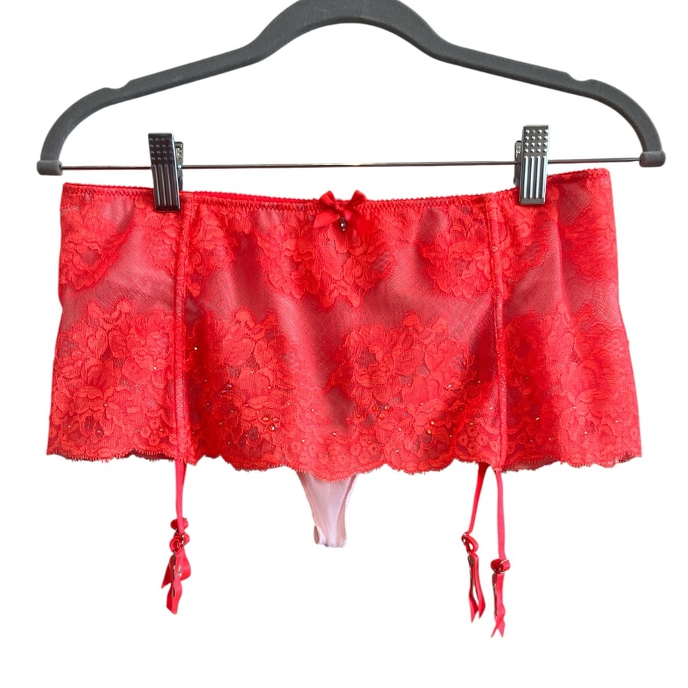 Victoria's Secret Y2K Neon Coral/Pink Rhinestone Lace Skirted Garter Thong Panty